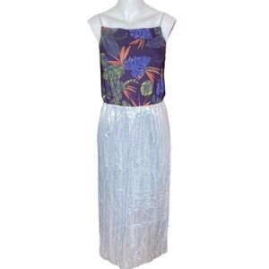 Koovs Dress Floral & Silver Lame Micro Pleated